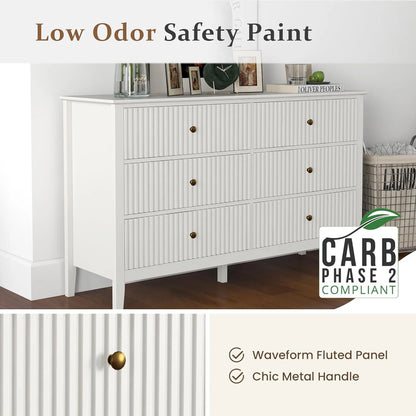 Heynemo Beige 6 Drawer Dresser, Fluted Modern Wood Chest
