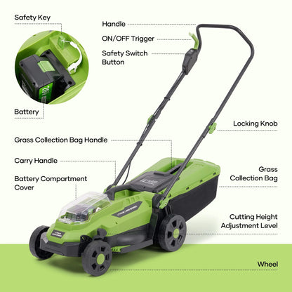 GASKY 20V 13" Cordless Lawn Mower, Electric Grass Cutter with Brushless Motor,4.0Ah Battery & Charger Included,5 Height Adjustment,Green