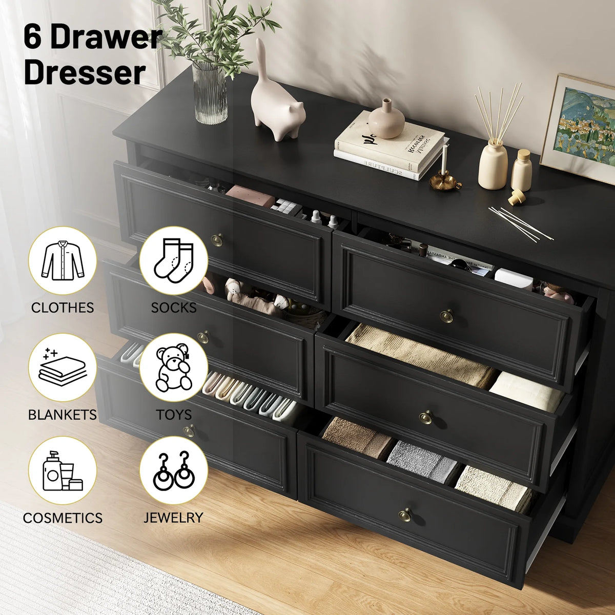 IDEALSOUL Black Dresser,6 Drawer Dresser for bedroom,Retro Wood Storage Cabinet for Living Room
