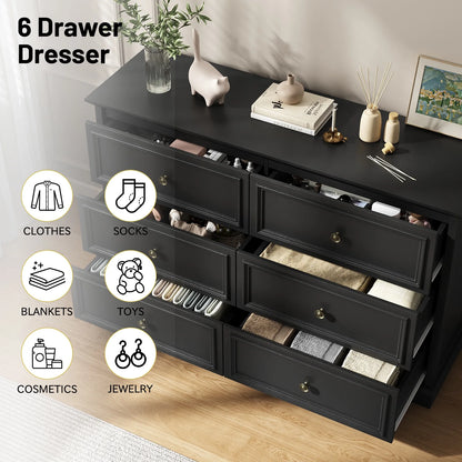 IDEALSOUL Black Dresser,6 Drawer Dresser for bedroom,Retro Wood Storage Cabinet for Living Room