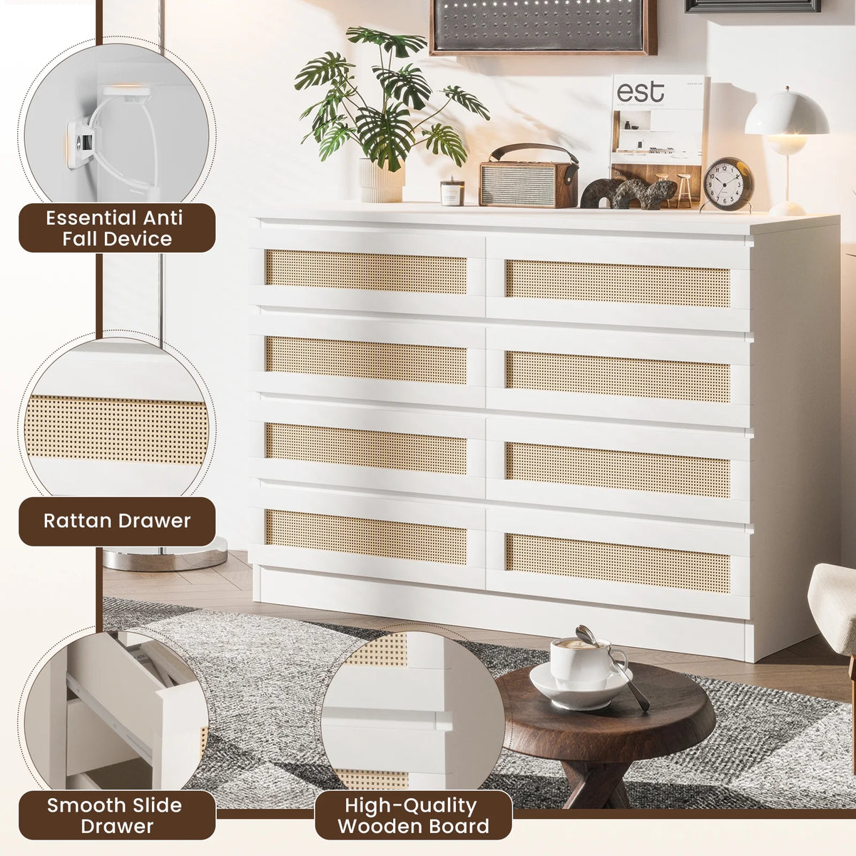 Jojoka 6-Drawers Rattan Dresser for Bedroom Chest of Drawers, TV Stand for 55" TV, Wood Top Storage Organizer Cabinet for Living Room, Entryway, Hallway, Natural