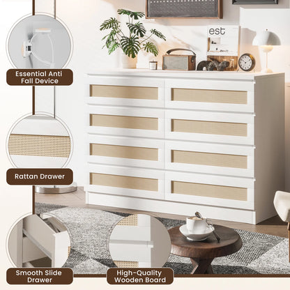 Jojoka 6-Drawers Rattan Dresser for Bedroom Chest of Drawers, TV Stand for 55" TV, Wood Top Storage Organizer Cabinet for Living Room, Entryway, Hallway, Natural
