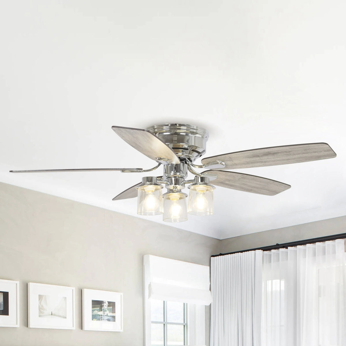 Parrot Uncle 52" Classic 5-Blade Glass Low Profile Ceiling Fan Chandelier with Remote Chrome Chrome Brushed