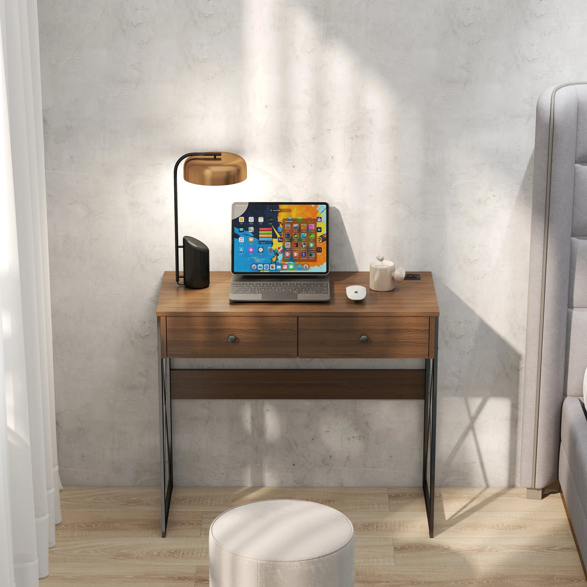 Manxile Fluted Computer Desk with USB Ports & Power Outlet, Modern White Study Table with Drawers