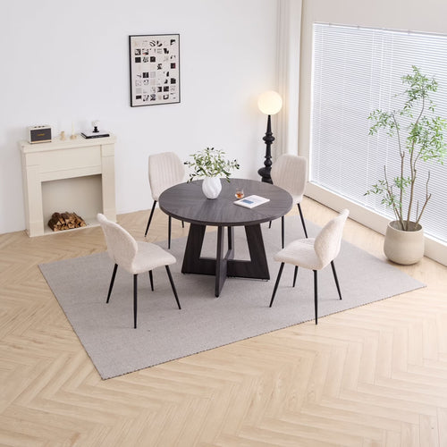 5 Piece 47'' Round Dining Table Chairs Set for 4, Farmhouse Gray Kitchen Table with 4 Boucle Mid Century Modern Dinning Room Chairs, Wood Dinner Table &Upholstered Chair Set of 4, Beige
