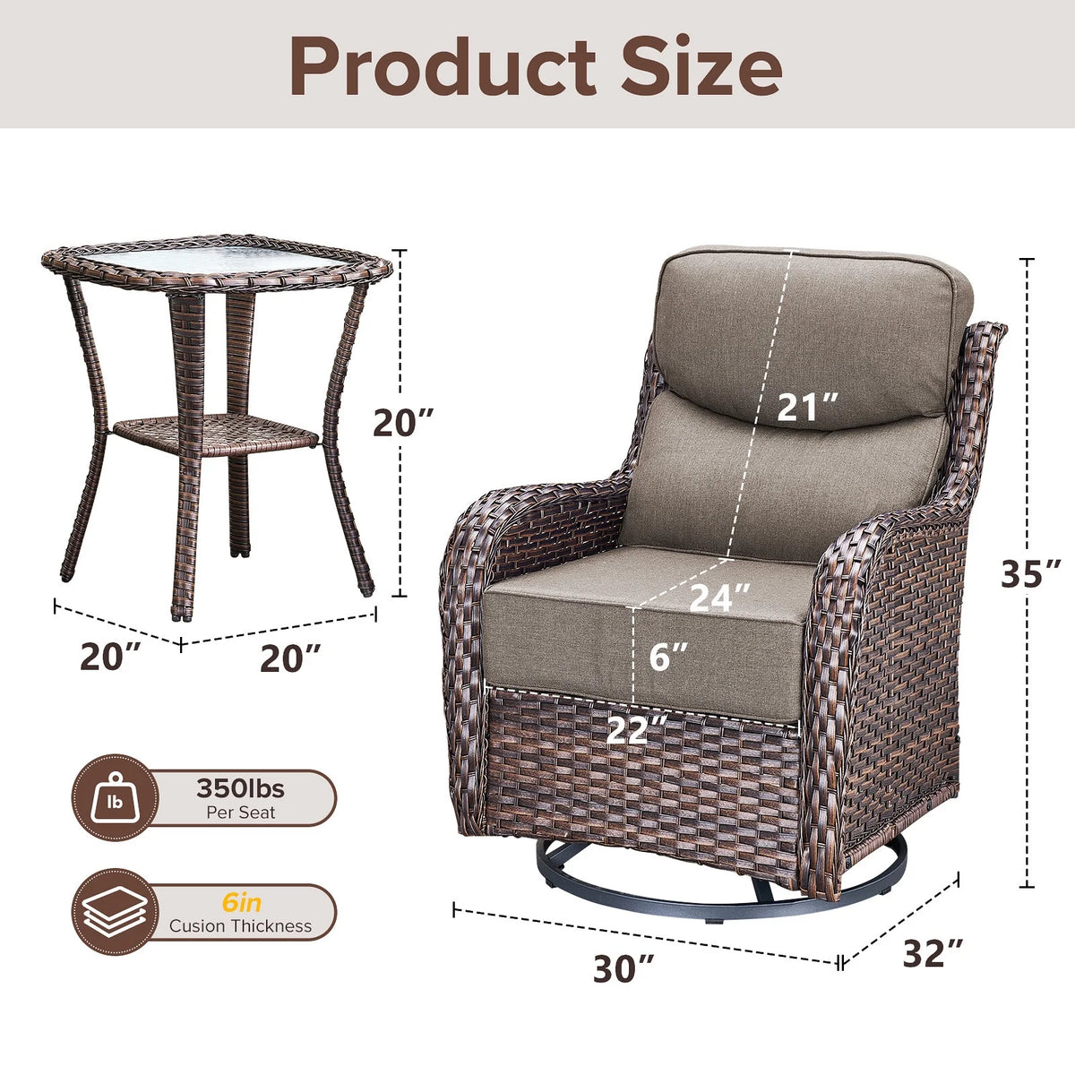 Bellefurn Luxury Outdoor Patio Furniture Set,Swivel Rocker Patio Chairs with 6-inch Thick Cushion,Patio Sofa and Glass Coffee Table,Outdoor Conversation Set for Porch, Deck, Yard