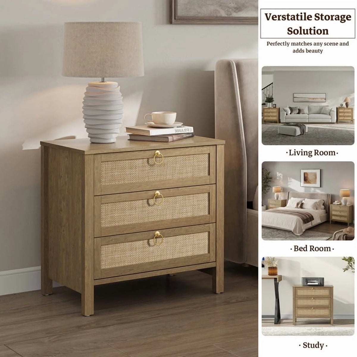 Surmoby Oak Boho 3-Drawer Nightstand Set of 2 - Extra Wide Storage Night Stand with Gold Handles Large&Tall Bed Side Table for Bedroom Living Room Enterway