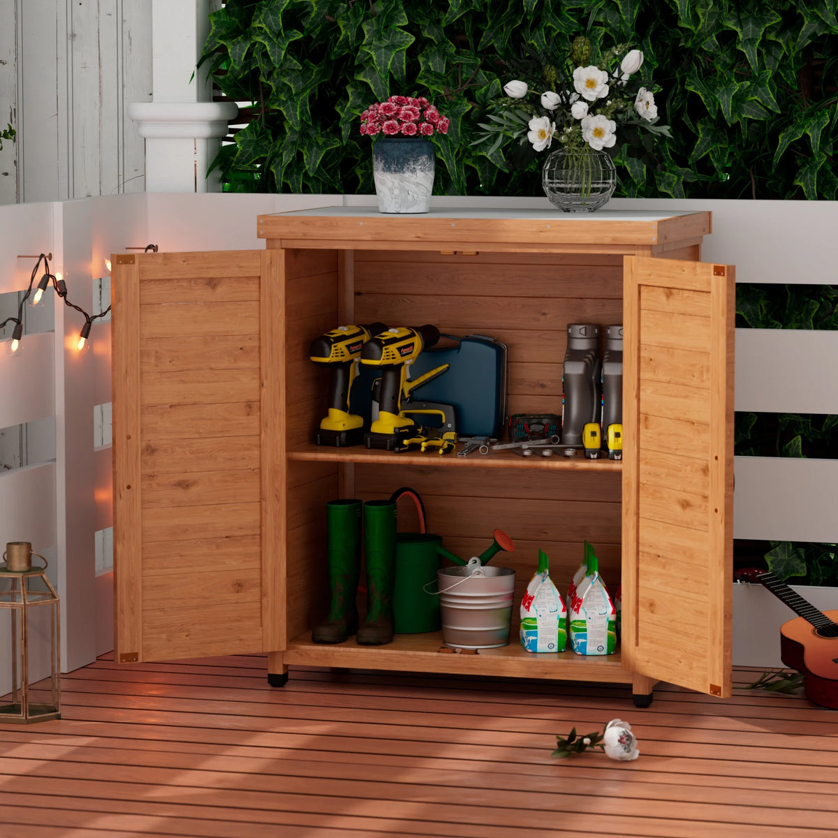 Tcbosik Outdoor Storage Cabinet & Potting Bench Table, Wooden Patio Furniture with Metal Top, Garden Workstation for Backyard, Lawn, Deck, Balcony, Gray