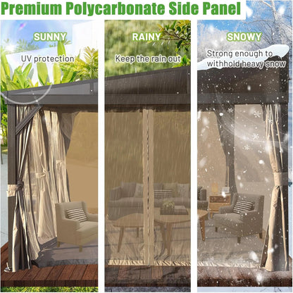 TOTAL Outdoor 10'x12' All-Season Sunroom Gazebo with Steel Roof, PVC Screen, Front & Side Door, Brown