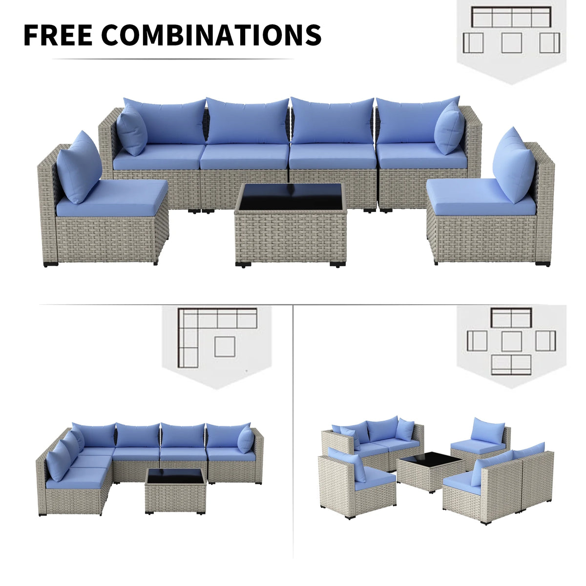 7 Pieces Patio Conversation Set, Outdoor Sectional PE Rattan Wicker Furniture Seat,Dark Gray