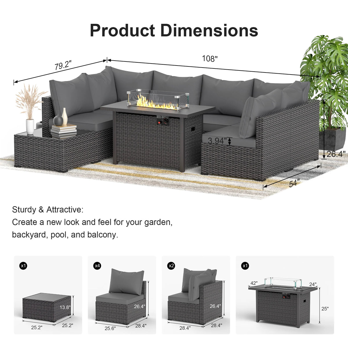 8 Piece Patio Furniture Set with 42" Propane Gas Fire Pit Table with Coffee Table,Blue
