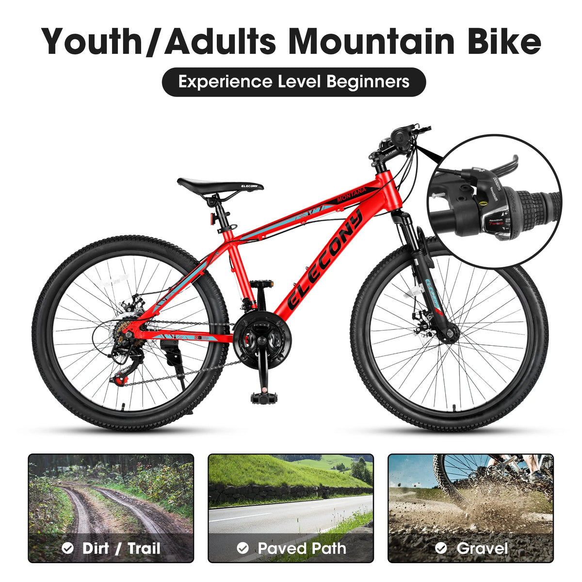 24 inch Mountain Bike for Teenagers,Shimano 21 Speed Mountain Bicycle with Mechanical Disc Brakes,Red