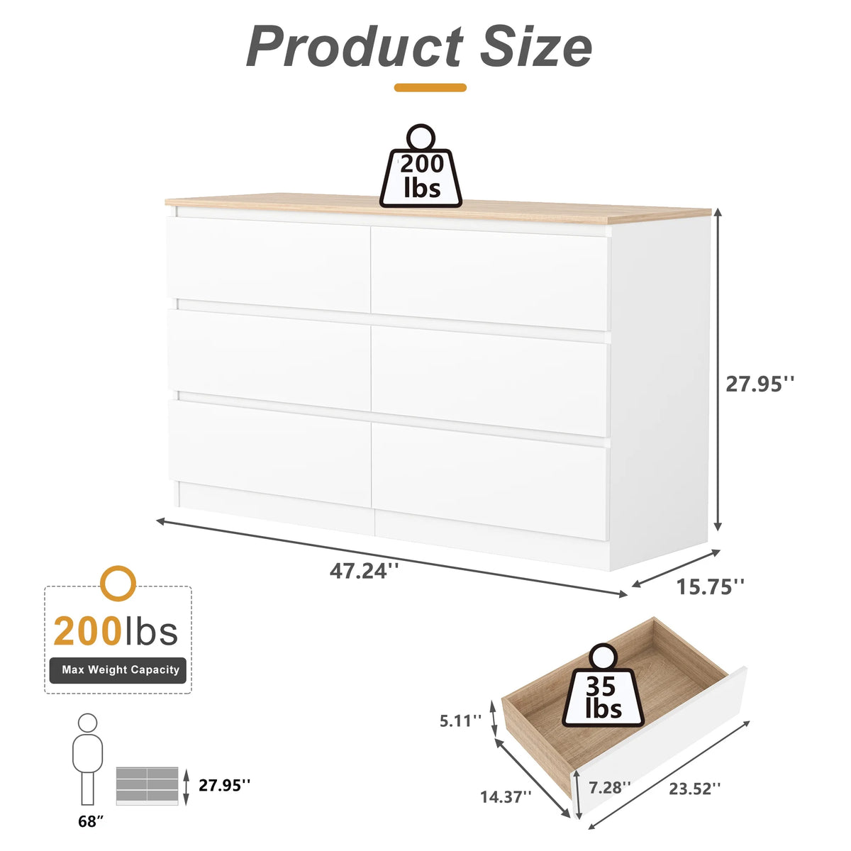Kadyn White Chest of Drawer, 6 Double Drawer Dresser for Bedroom, Modern Storage Cabinet for Living Room, Dresser