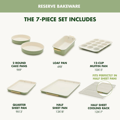 GreenPan Bakeware Set, 7 Piece Nonstick Ceramic Baking Sheets, Cake Pans, Loaf Pan, Muffin Tin, Cooling Rack, Green