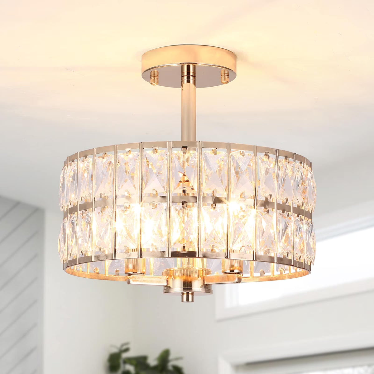 3-Light Crystal Semi Flush Mount Lights for Living Room Hallway French Gold