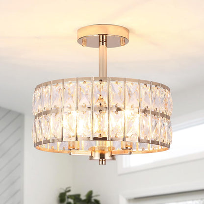 3-Light Crystal Semi Flush Mount Lights for Living Room Hallway French Gold