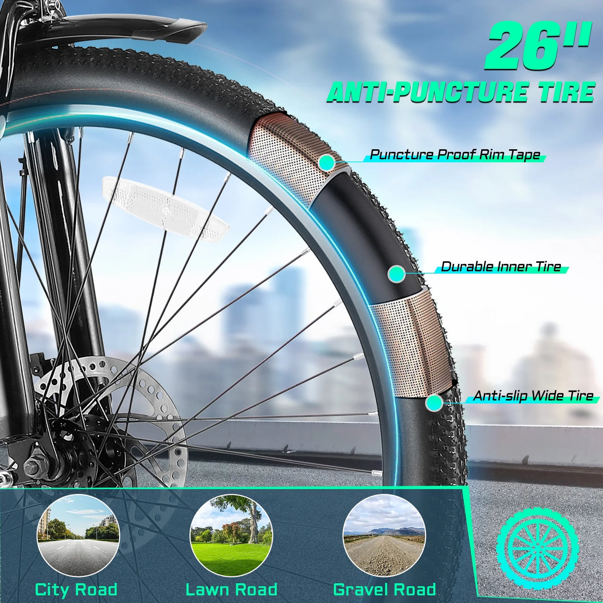 Gocio 26" Electric Bike for Adults, 500W Electric Cruiser Bike, 48V/7.8Ah Removable Battery, 7 Speed, City Commuting E-bike, UL2849