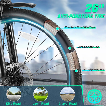 Gocio 26" Electric Bike for Adults, 500W Electric Cruiser Bike, 48V/7.8Ah Removable Battery, 7 Speed, City Commuting E-bike, UL2849