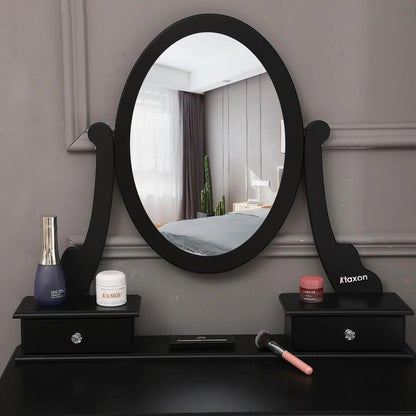 SamyoHome Oval Mirror Vanity Makeup Dressing Table and Stool Set Jewelry Desk with 5 Drawers, Black