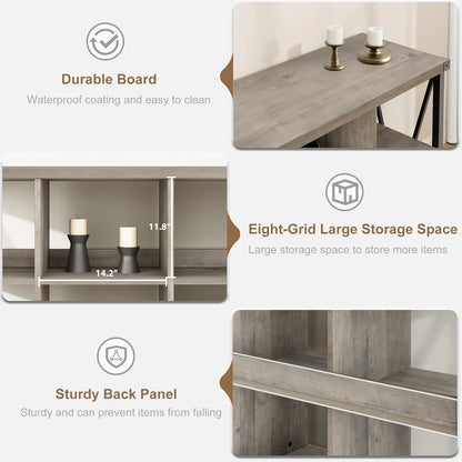 WALYWIK 8 Cube Storage Organizer Bookshelf, 3 Tier Metal Horizontal Bookcase, 62 Inch Console Bookshelfs, Industrial Storage Bookcase for Entryway, Long Low Book Shelf for Living Room-Grey