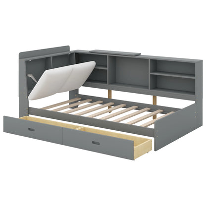 Euroco Wood Twin Size Platform Bed with Storage Headboard and Shelves, 2 Drawers Floor Bed for Kids, White