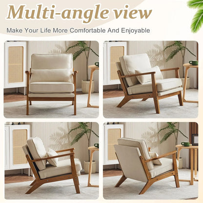 RWTFGV Solid Wood Wide Armrests Accent Chair,Upholstered Mid Century Modern Chair with Pillow,Comfy Reading Chair Farmhouse Arm Chair,Chairs Living Room,Bedroom,Guest Room,Linen Fabric,Beige
