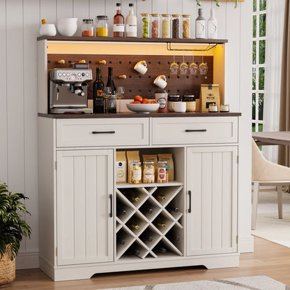 LAFGUR 72" Kitchen Storage Cabinet with Power Outlet & LED Light, Coffee Bar Cabinet with Drawers & Wine Glass Rack,Sideboard for Home,White