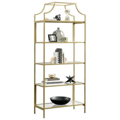Pemberly Row 5-Shelf Modern Metal Bookcase in Gold Satin/Faux Deco Stone