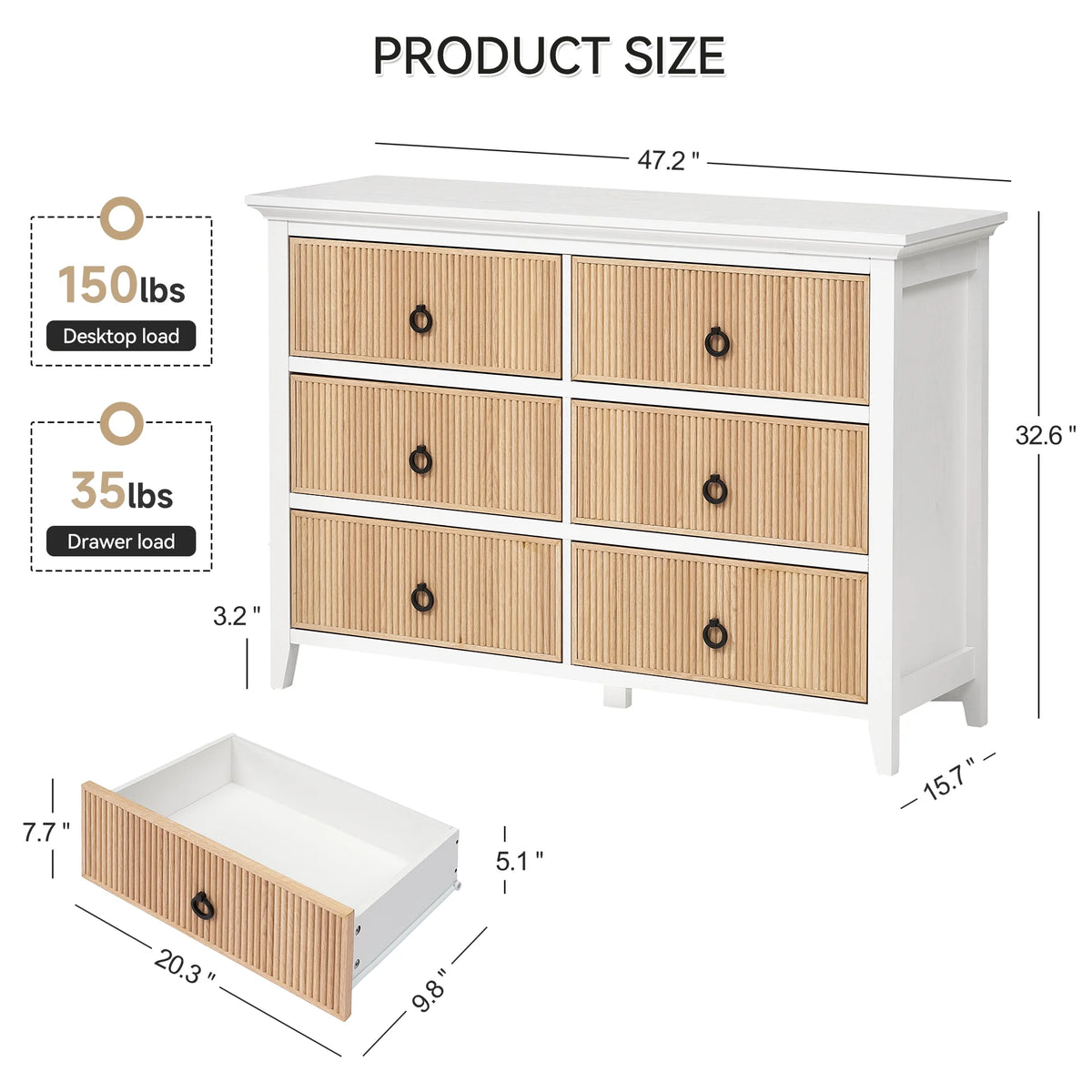 Homhougo White Dresser for Bedroom 6 Drawer, Wood Organizer Storage Cabinet with Gray Strip Drawer Door, Chest of Drawers for Closet, Living Room, Hallway, Nursery, Kids Bedroom