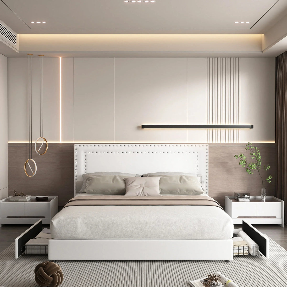 VECELO Full Bed Frame with 4 Storage Drawers (Wheeled) and Tufted Upholstered Adjustable Headboard Platform Bed, Beige