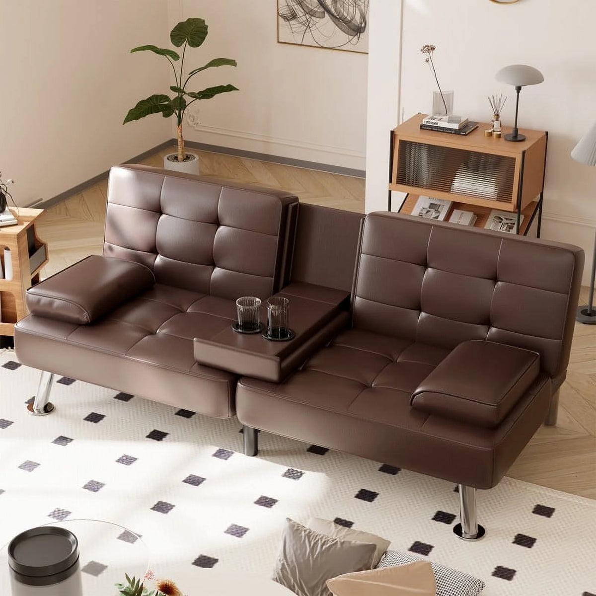 Furmax Futon Sofa Bed Convertible Folding Faux Leather Couch with 2 Cup Holders,Black
