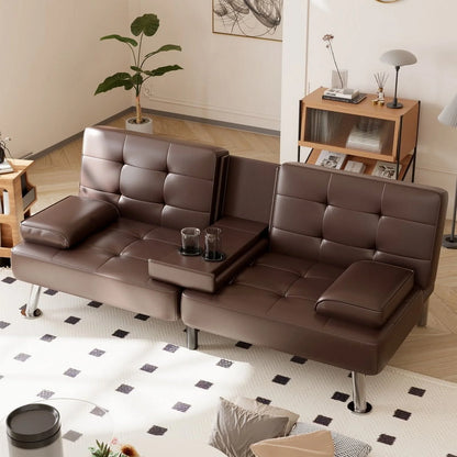 Furmax Futon Sofa Bed Convertible Folding Faux Leather Couch with 2 Cup Holders,Black