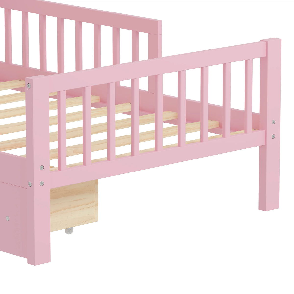 Euroco Wood Twin Size Platform Bed with Storage Headboard and Drawers, Low Profile Bed with Guardrails for Kids and Toddlers, White