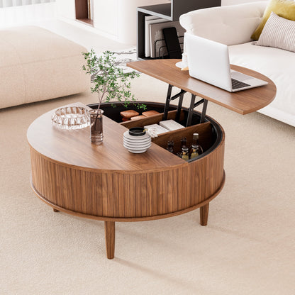 Oubayajia Round Coffee Table, Small Fluted Lift Top Center Table for Home Living Room Office, Walnut