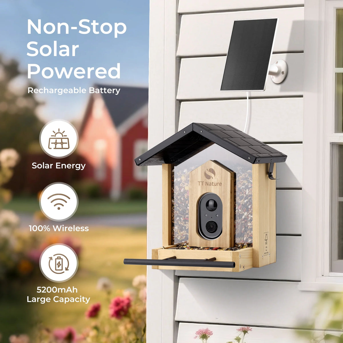 TT Nature Bird Feeder with Camera, AI Identify 10,000+ Species, Auto Capture, Real-Time Notifications, Upgraded for Bird Watching with Solar Panel, Perfect Gift for Bird Lovers