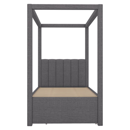 Harper & Bright Designs Twin Size Upholstery Canopy Platform Bed with Trundle and 3 Storage Drawers, Captain Platform Bed Frame with 4-Poster Canopy Roof, Beige