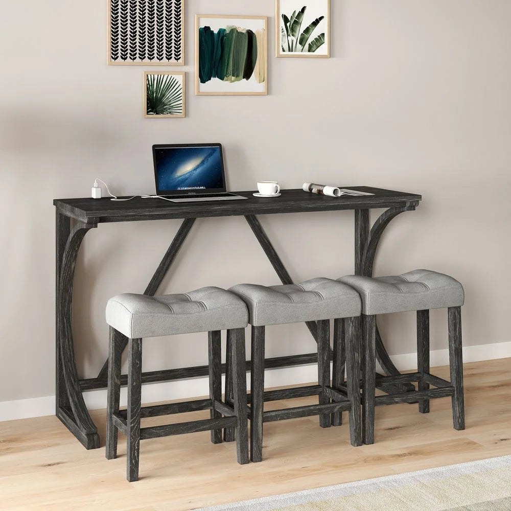 YINGYING 4 Piece Industrial Bar Table Set with Power Outlet, Bar Table and Chairs Set, Dining Table Set, Breakfast Table Set, for Living Room, Dining Room, Game Room