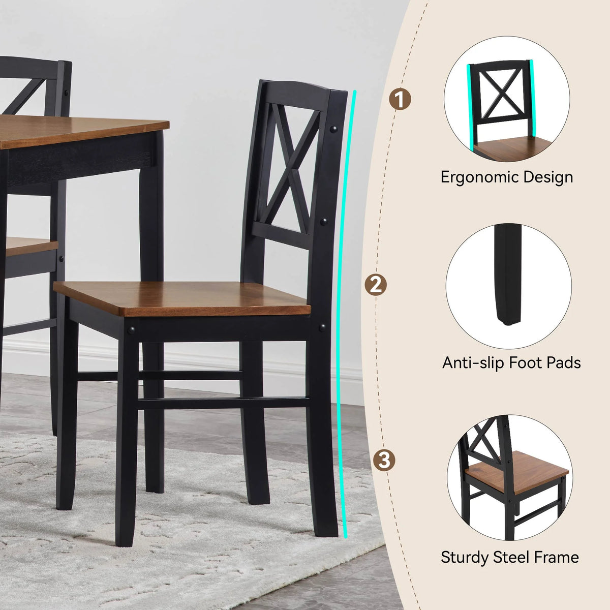 MAYEERTY Eco-Friendly Solid Wood Dining Set �?Sustainable Dining Table with Black Metal Accents for Home & Restaurant,Light Brown