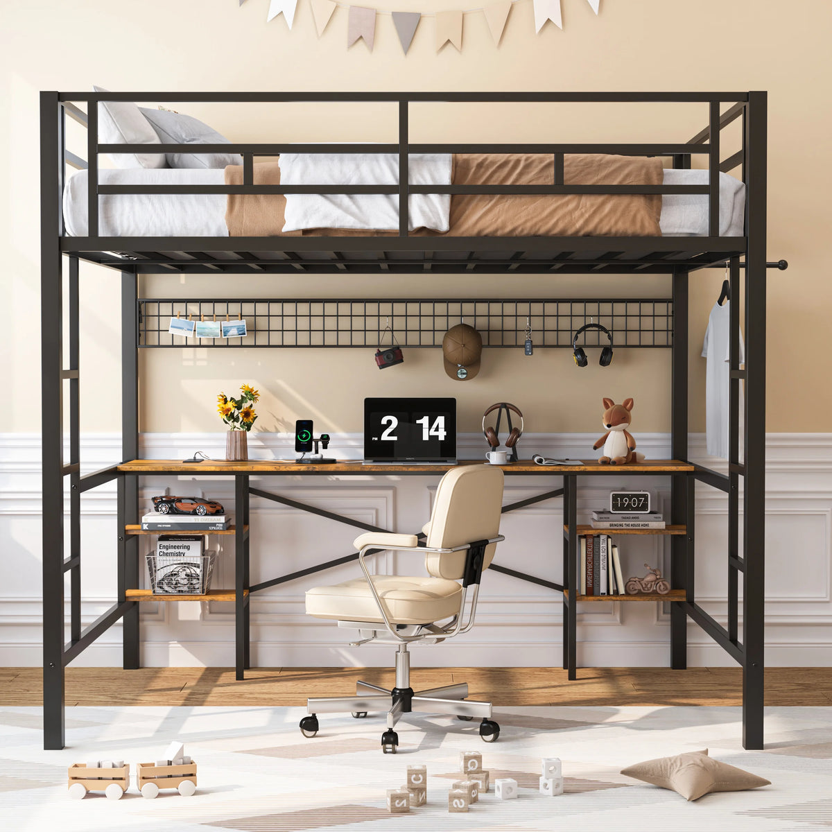 Twin Loft Bed with Desk, UHOMEPRO Metal Loft Bed with LED Lights, Charge Station, DIY Mesh, Clothes Rail, 4 Storage Shelves, Safety Rails and 2 Ladders, Loft Bed for Teen Adult, Black