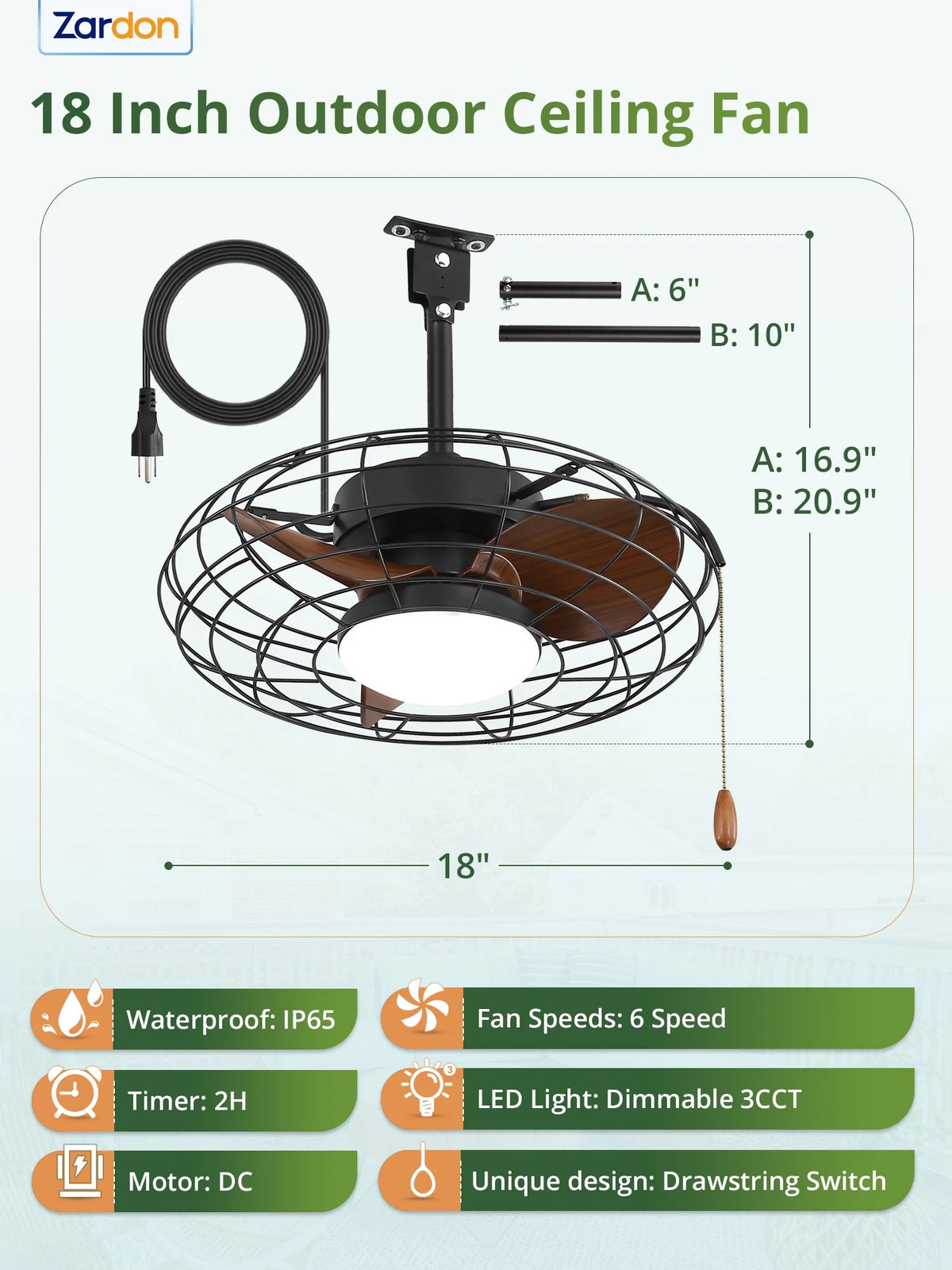 Zardon 20" Outdoor Ceiling Fan with Light and Remote, 7 Blades Caged Waterproof Gazebo Fan for Patio, Porch, Pergola Canopy, App Control