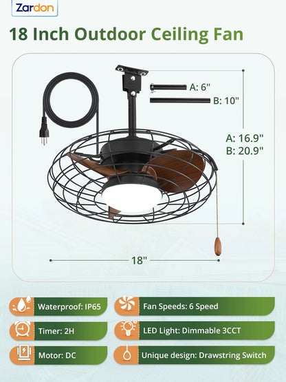 Zardon 20" Outdoor Ceiling Fan with Light and Remote, 7 Blades Caged Waterproof Gazebo Fan for Patio, Porch, Pergola Canopy, App Control