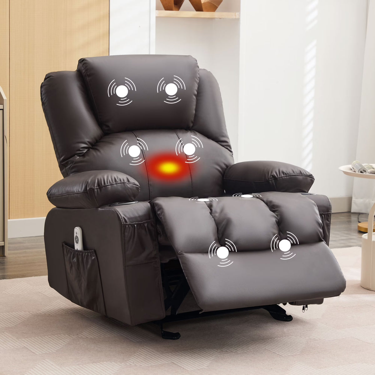 JONPONY Manual Recliner Chair with Heat Therapy and Massage Function, Heavy Duty Reclining Mechanism Massage Chair, Elderly Single Rocker Sofa with Cup Holders for Bedroom Home Theater,Black