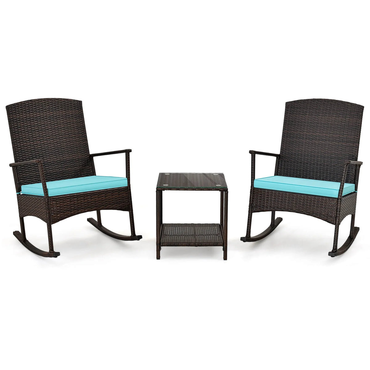 Costway Serenity 3 Piece Patio Rocking Wicker Rockers with White Cushions 2 Tier Coffee Table