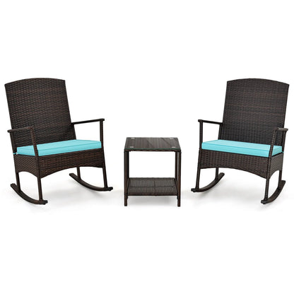 Costway Serenity 3 Piece Patio Rocking Wicker Rockers with White Cushions 2 Tier Coffee Table