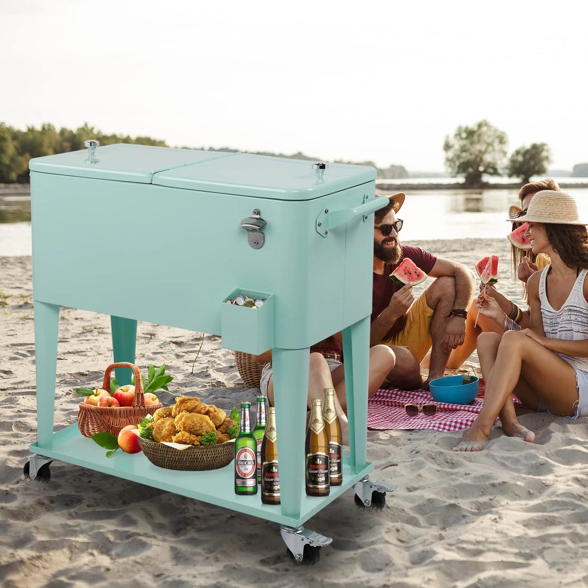 BNSPLY 80 Quart Outdoor Cooler Cart Rolling Ice Chest Cooler Cart, Portable Patio Cooler with Bottle Opener, Handles and Drainage, Standing Cooler for Patio Party, Camping and BBQ, Mint Green