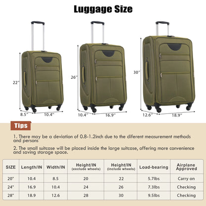 EUROCO 3 Piece Softside Luggage Set,Expandable Suitcase Set with TSA Lock and Spinner Wheels,Lightweight Suitcase for Men Women(20",24",28"),Black