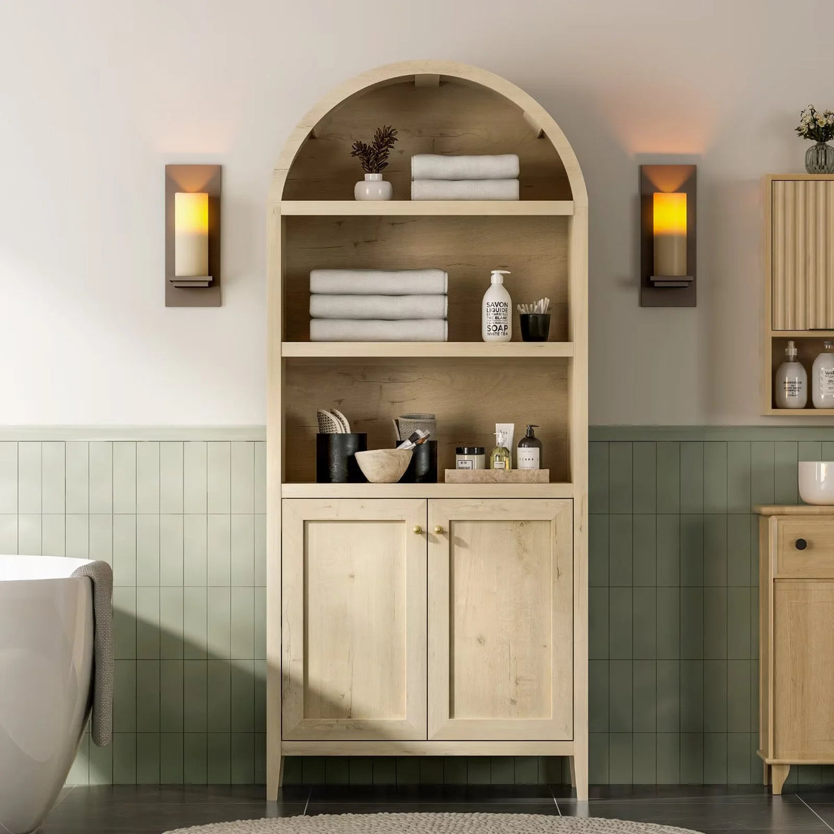 EYYTHUNG 71" Tall Arched Cabinet Modern Farmhouse 5-Tier Arched Bookcase Storage Display Cabinet with Faux Marble Top, Natural Oak