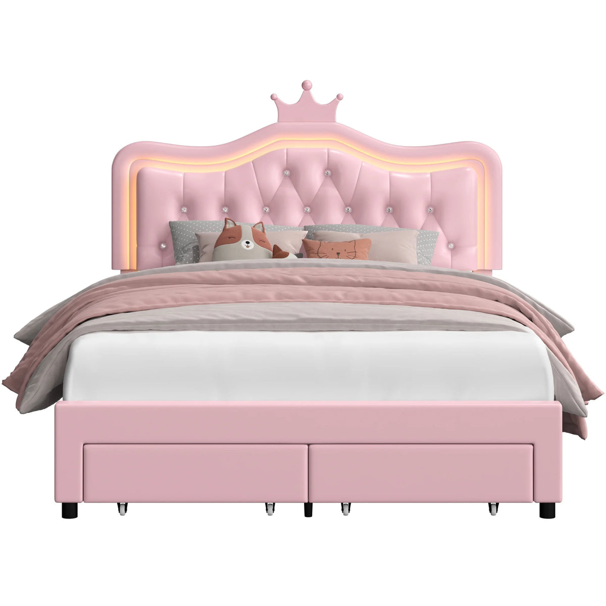 Homfa Full Size Bed, LED Upholstered Bed with Adjustable Crystal Button Tufted Crown Headboard, Soft PU Princess Platform Bed with Storage Drawers, Pink