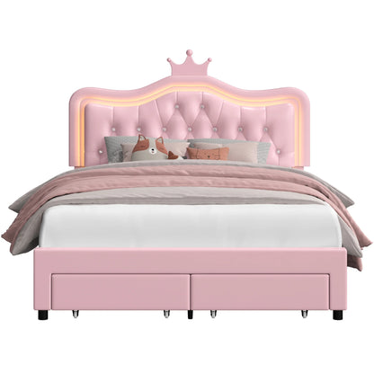 Homfa Full Size Bed, LED Upholstered Bed with Adjustable Crystal Button Tufted Crown Headboard, Soft PU Princess Platform Bed with Storage Drawers, Pink