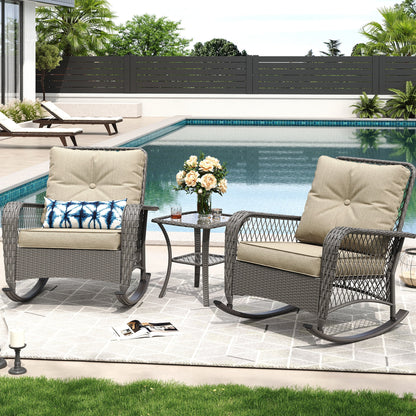 ELPOSUN 3-Piece Outdoor Rocking Chairs, Wicker Patio Furniture with Thickened Cushions and Table for Porch